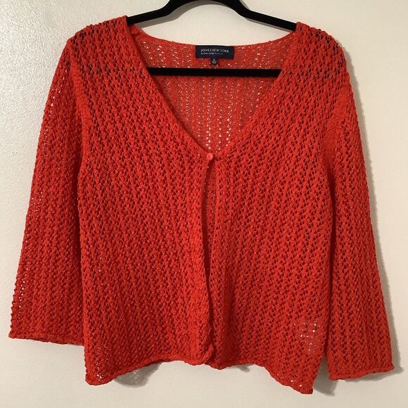 Vintage Y2K Red Orange Open Knit Beachy Bohemian Festival Cardigan PL - Picture 1 of 8